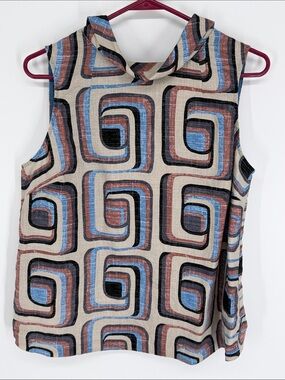 Boden Linen Sleeveless Back Button Collared Top Size 10 Geo Print